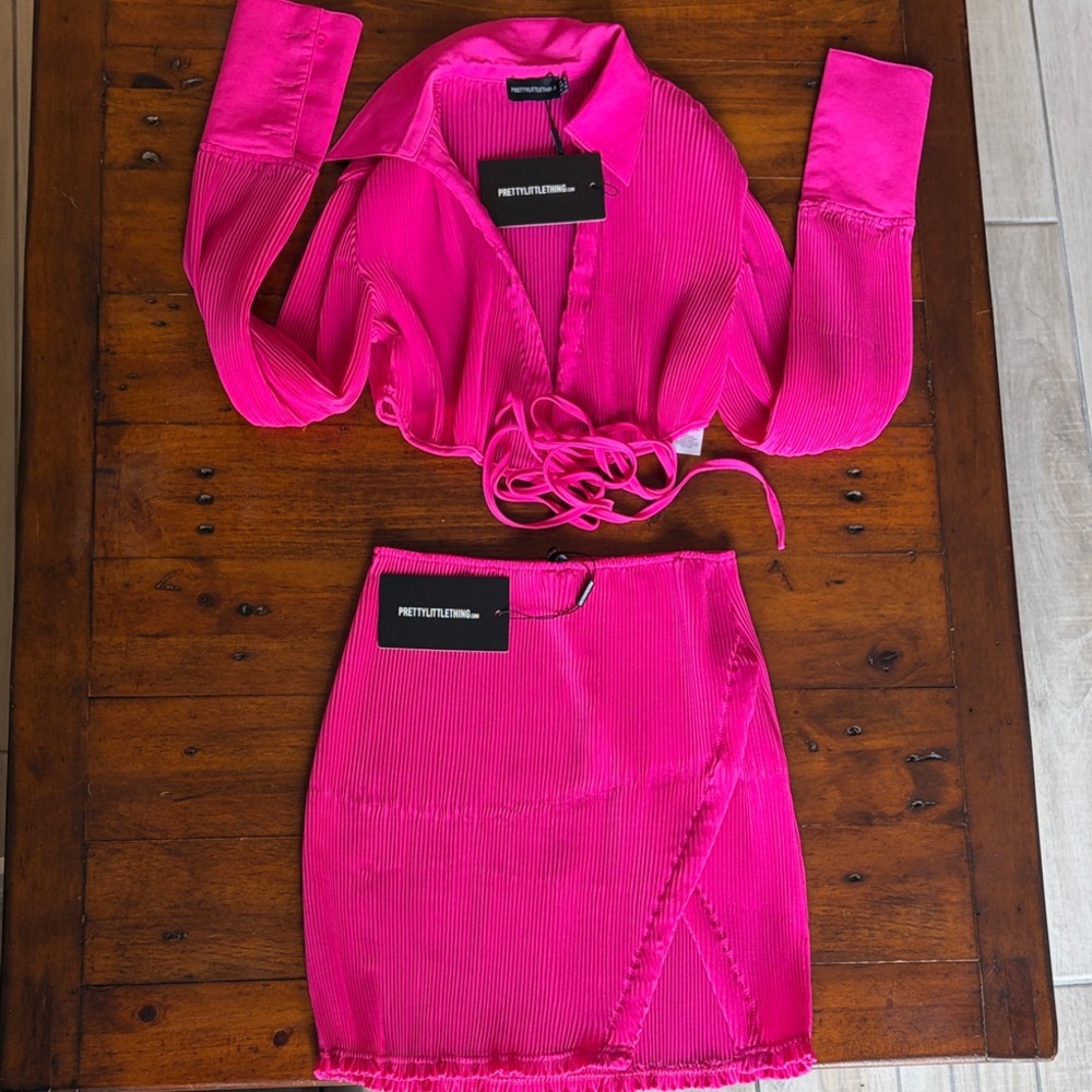 PrettyLittleThing Bright Pink Ribbed Wrap Crop Top & Skirt Set